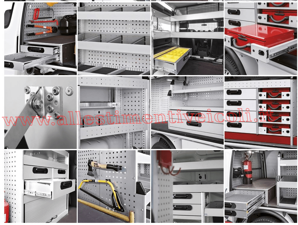 Allestimento officina mobile per furgoni realizzato su Volkswagen Caddy con cassettiere modulari per veicoli da lavoro professionali